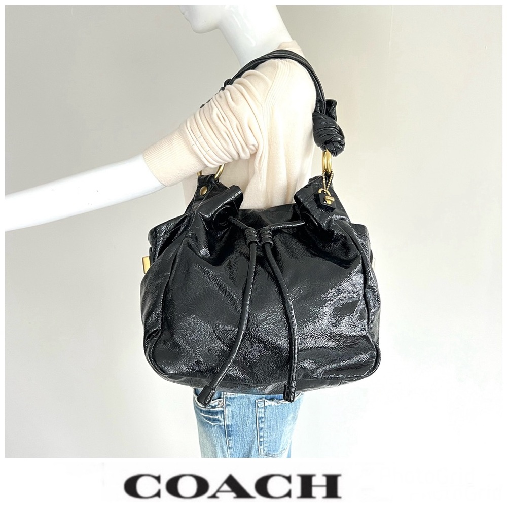COACH LTE Restor Black Patent Leather Front Drawstring Large Shoulder Bag 13256